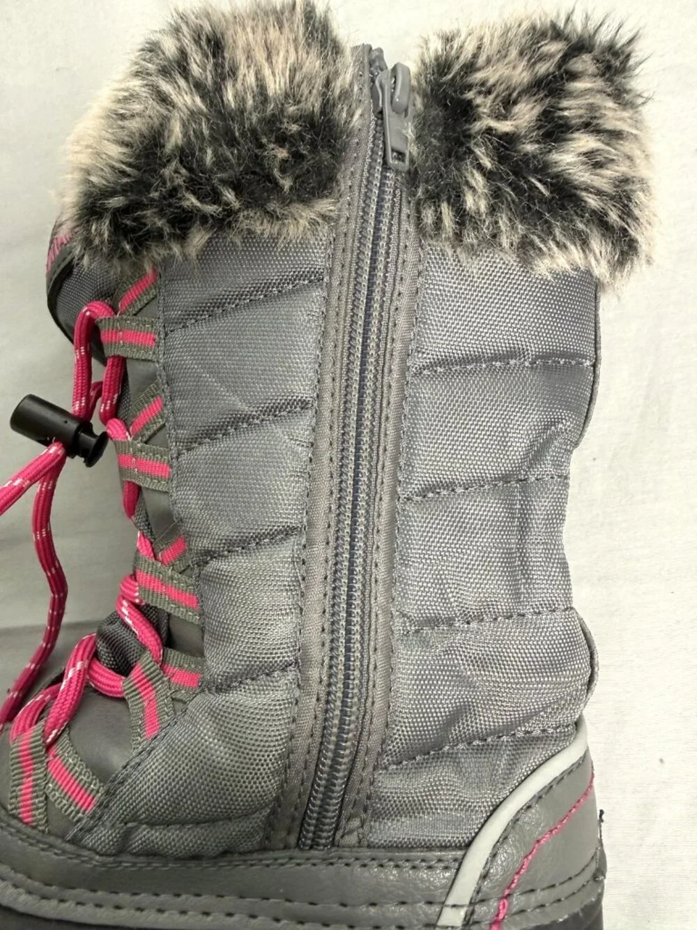 Nova Mountain Kids Snow Boots Size 2 Girls Gray Pink Faux Fur Lined Zip NFWB830